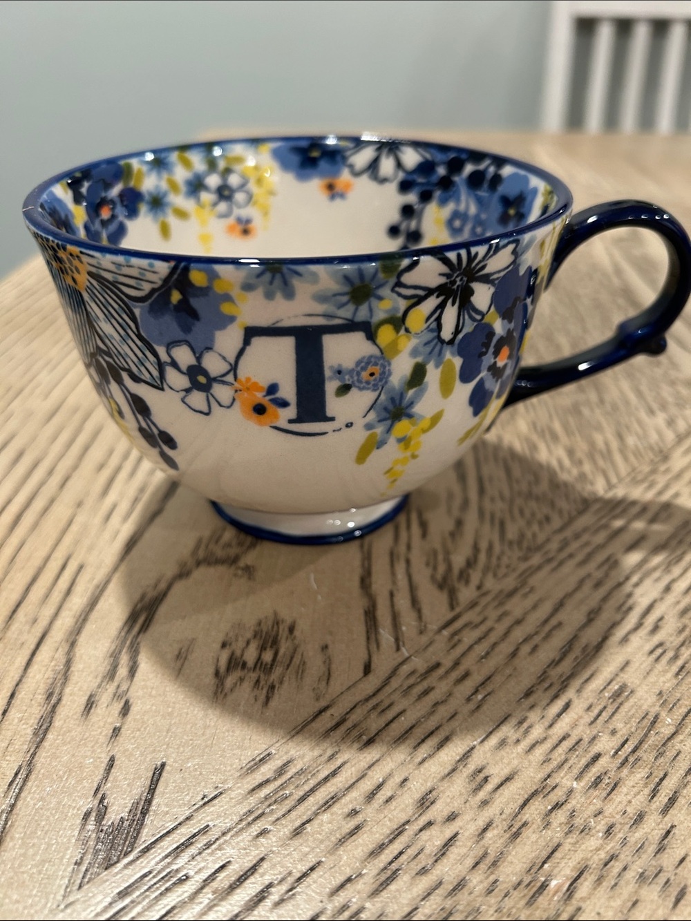 Anthropologie Blue, Yellow, Navy Floral Initial 'T' Teacup